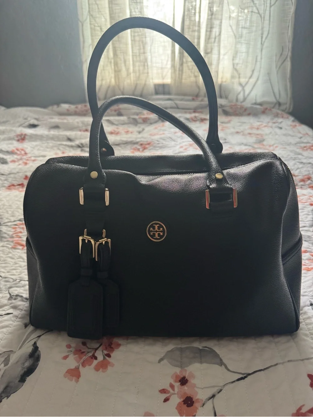 Tory Burch Black Leather Satchel With Gold Logo Hardware